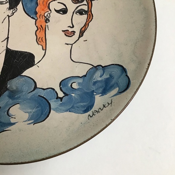 Enamel on Copper Plate Man Showgirl 1900’s Couple SIGNED 5” Mid Century Dish - Picture 2 of 10